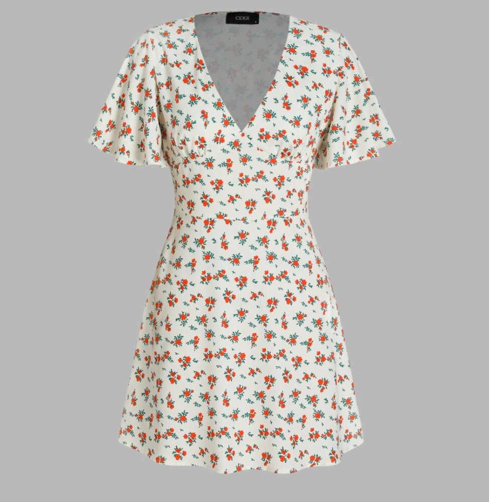Cider Floral V-neck Short Sleeve Mini Dress